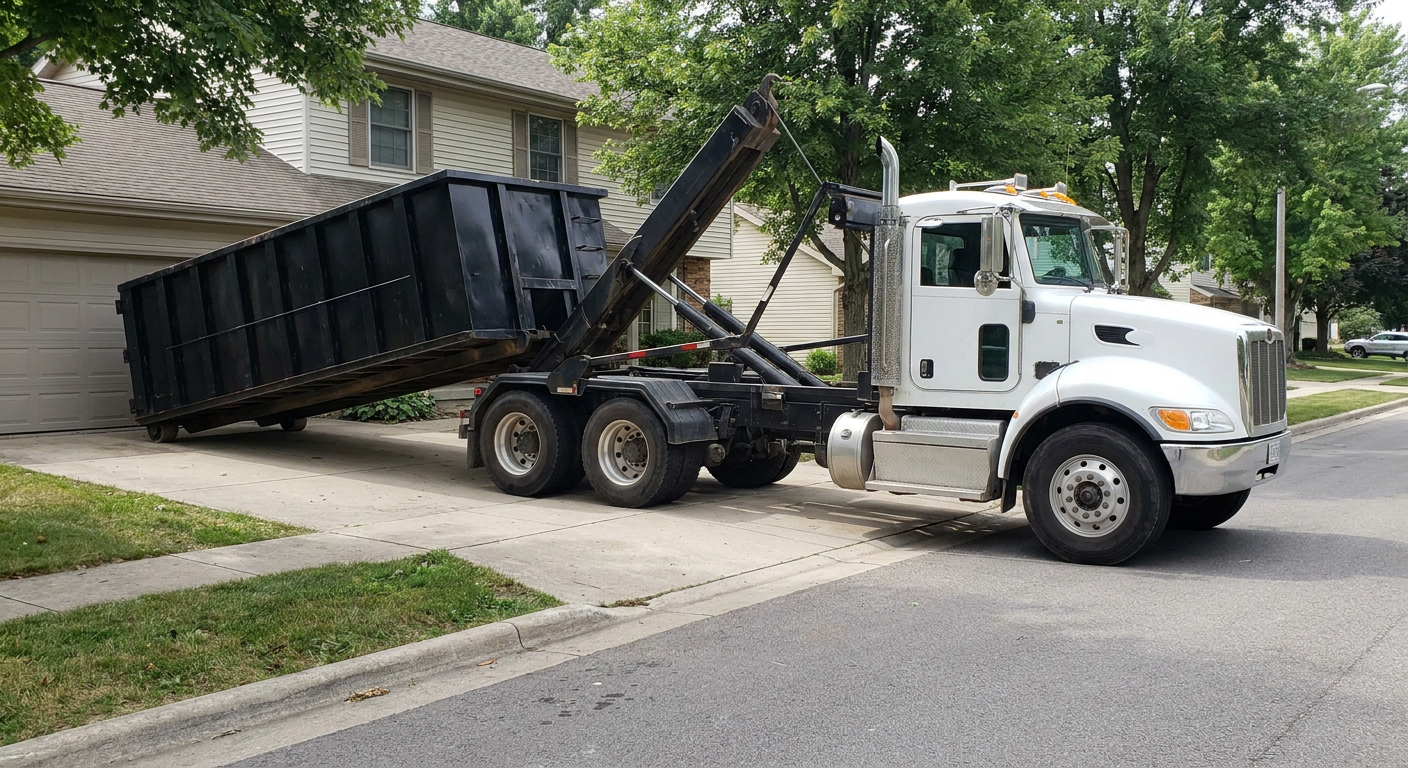 White-cab hooklift roll-off truck actively lowering a matte-black dumpster onto a Santa Ana residential concrete driveway, the dumpster's rear wheels touching the driveway as the hoist arm tilts the bed forward, mid-morning daylight.
