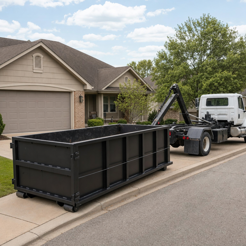 Wide documentary shot of a matte-black roll-off dumpster on a Santa Ana residential driveway in the foreground and a contractor jobsite container in the soft-focus background, bright daylight, calm and orderly composition.