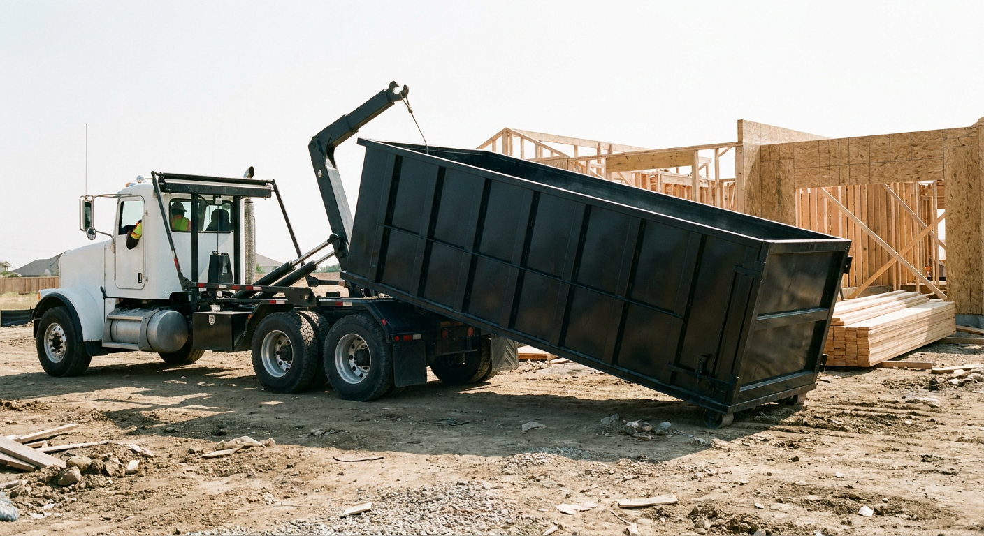 Matte-black roll-off dumpster being delivered onto a clean residential concrete driveway in Santa Ana by an unmarked white hooklift hauler truck, bright morning daylight, documentary 35mm perspective.
